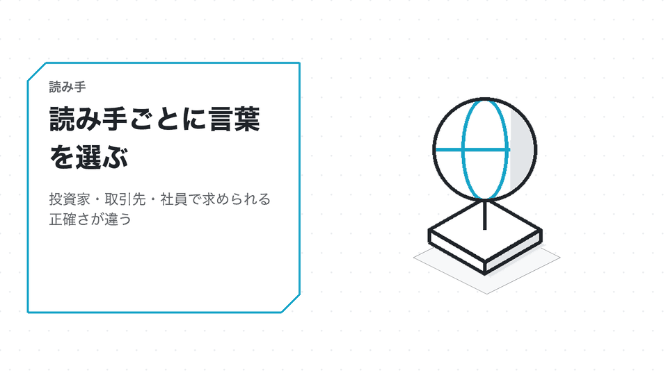 読み手ごとに言葉を選ぶ。投資家・取引先・社員で求められる正確さが違う