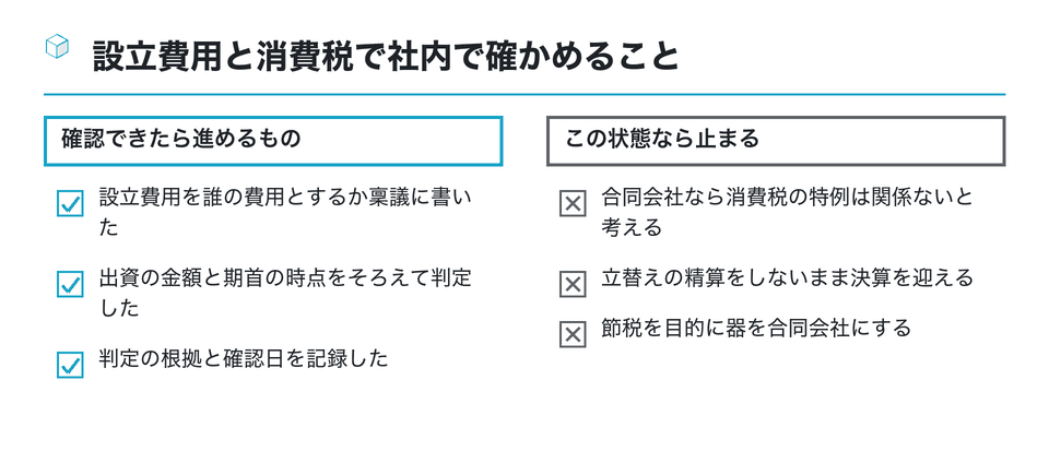 チェックリストの図：設立費用と消費税で社内で確かめること