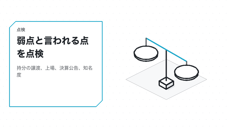 弱点と言われる点を点検。持分の譲渡、上場、決算公告、知名度