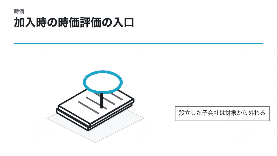 加入時の時価評価の入口。設立した子会社は対象から外れる