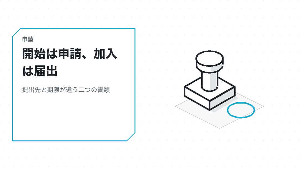 開始は申請、加入は届出。提出先と期限が違う二つの書類
