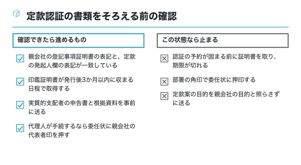 チェックリストの図：定款認証の書類をそろえる前の確認