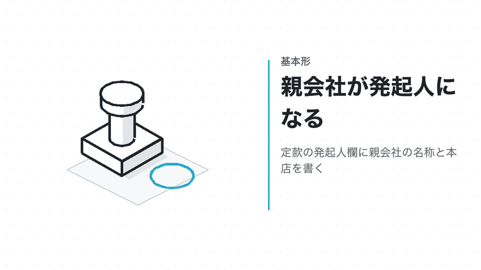 親会社が発起人になる。定款の発起人欄に親会社の名称と本店を書く