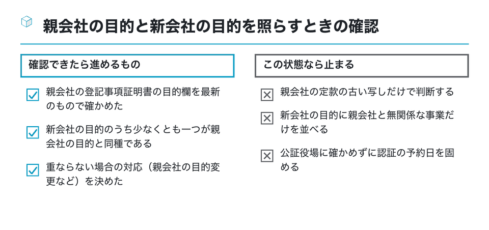 チェックリストの図：親会社の目的と新会社の目的を照らすときの確認