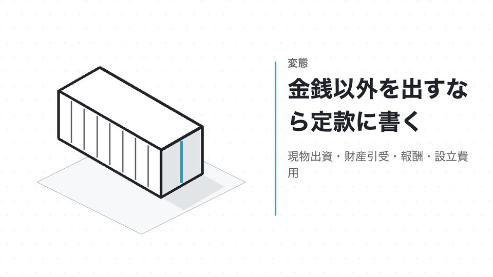 金銭以外を出すなら定款に書く。現物出資・財産引受・報酬・設立費用