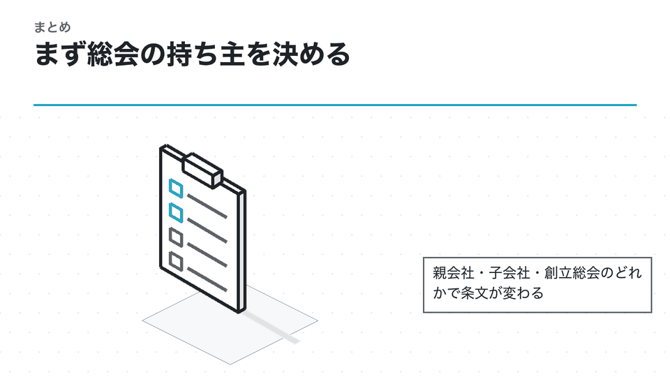 まず総会の持ち主を決める。親会社・子会社・創立総会のどれかで条文が変わる