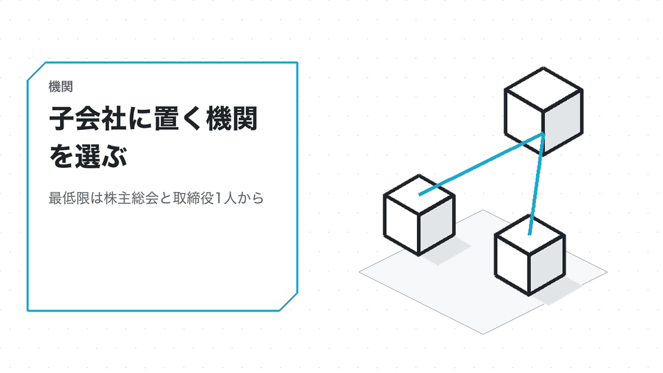 子会社に置く機関を選ぶ。最低限は株主総会と取締役1人から