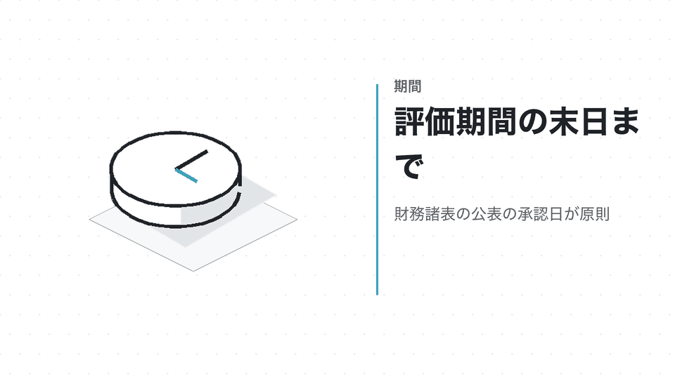 評価期間の末日まで。財務諸表の公表の承認日が原則