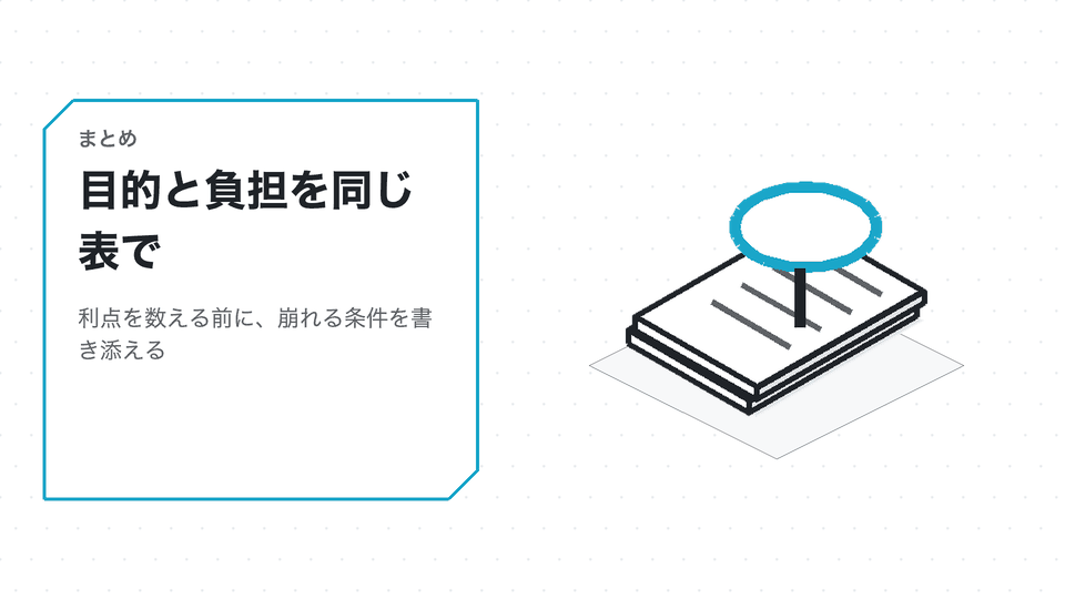 目的と負担を同じ表で。利点を数える前に、崩れる条件を書き添える