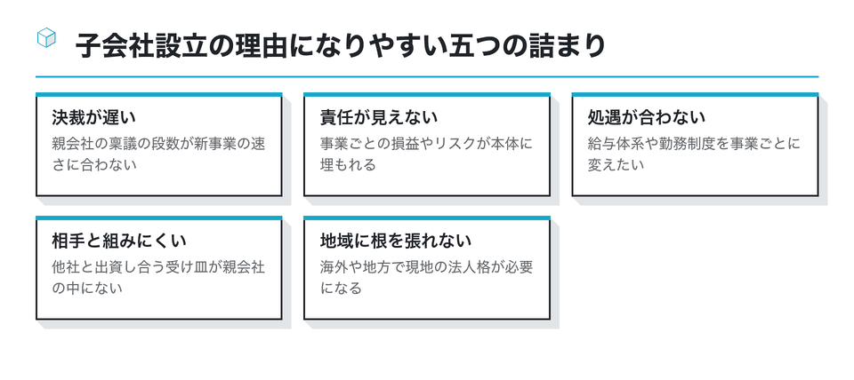 図：子会社設立の理由になりやすい五つの詰まり