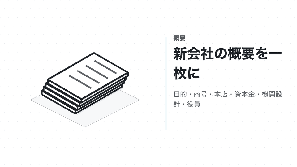 新会社の概要を一枚に。目的・商号・本店・資本金・機関設計・役員