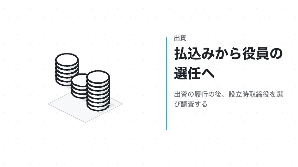 払込みから役員の選任へ。出資の履行の後、設立時取締役を選び調査する