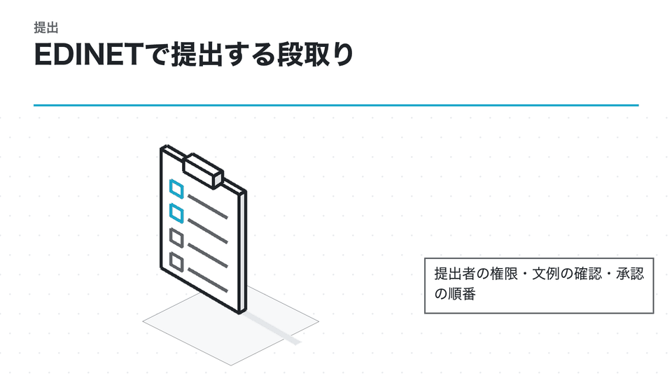 EDINETで提出する段取り。提出者の権限・文例の確認・承認の順番