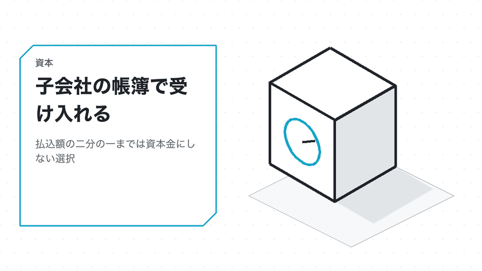 子会社の帳簿で受け入れる。払込額の二分の一までは資本金にしない選択