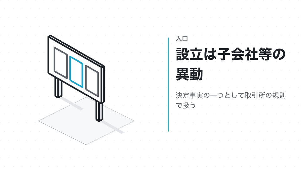設立は子会社等の異動。決定事実の一つとして取引所の規則で扱う
