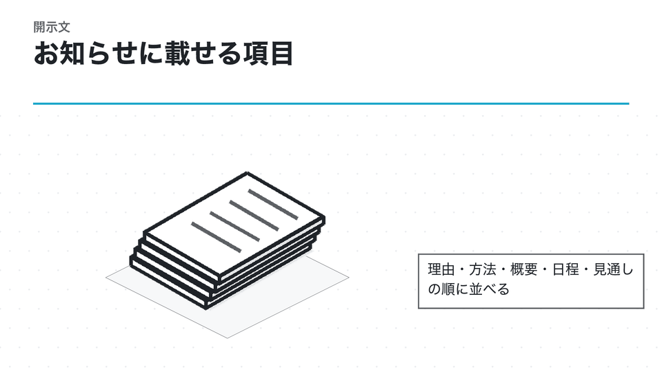 お知らせに載せる項目。理由・方法・概要・日程・見通しの順に並べる