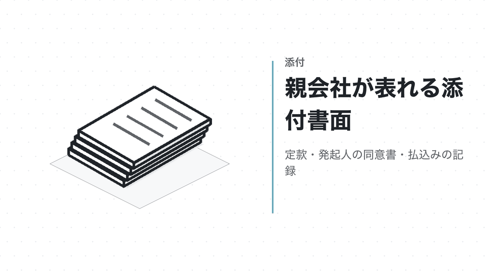 親会社が表れる添付書面。定款・発起人の同意書・払込みの記録