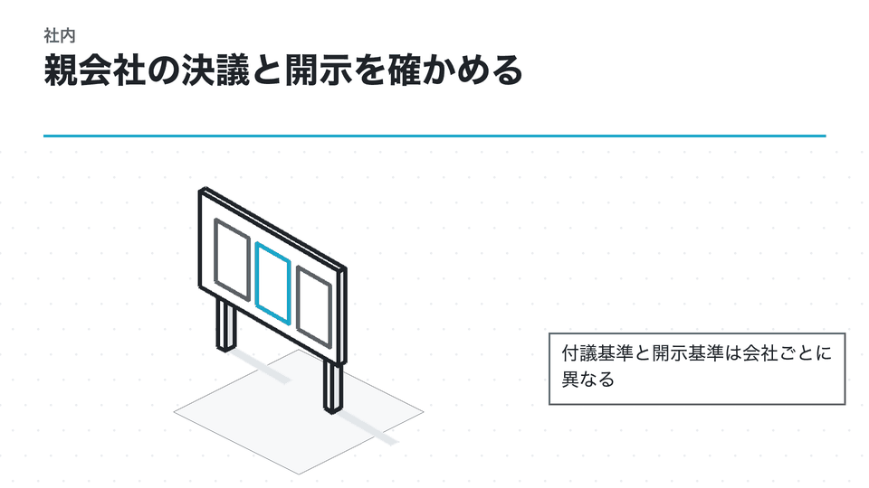 親会社の決議と開示を確かめる。付議基準と開示基準は会社ごとに異なる