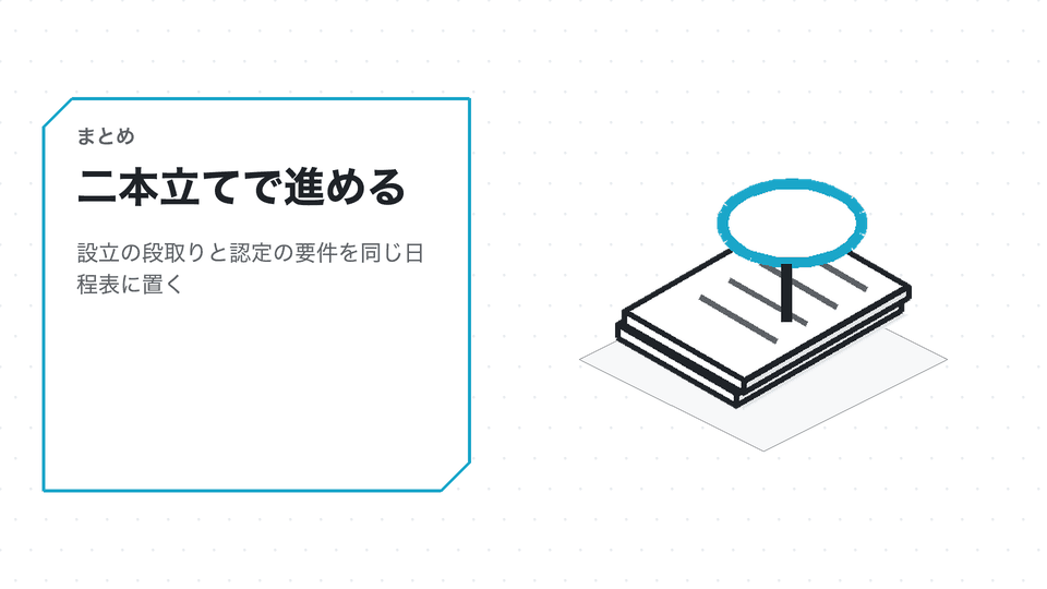 二本立てで進める。設立の段取りと認定の要件を同じ日程表に置く