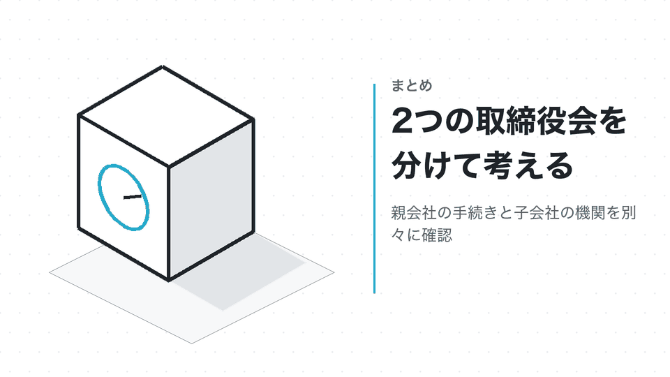2つの取締役会を分けて考える。親会社の手続きと子会社の機関を別々に確認