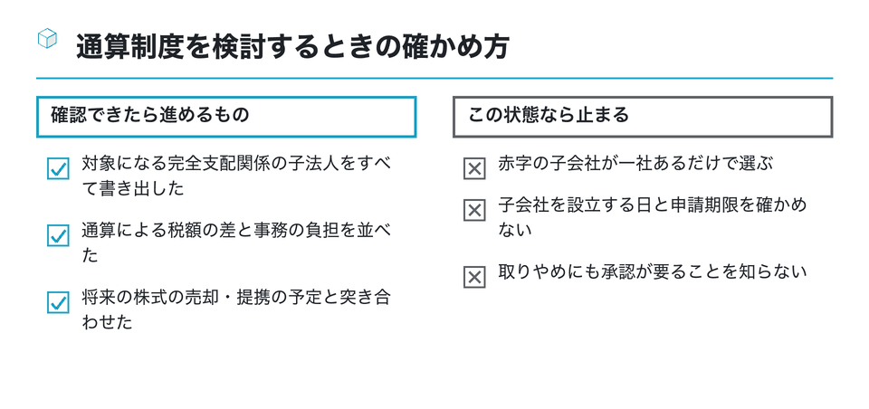 チェックリストの図:通算制度を検討するときの確かめ方