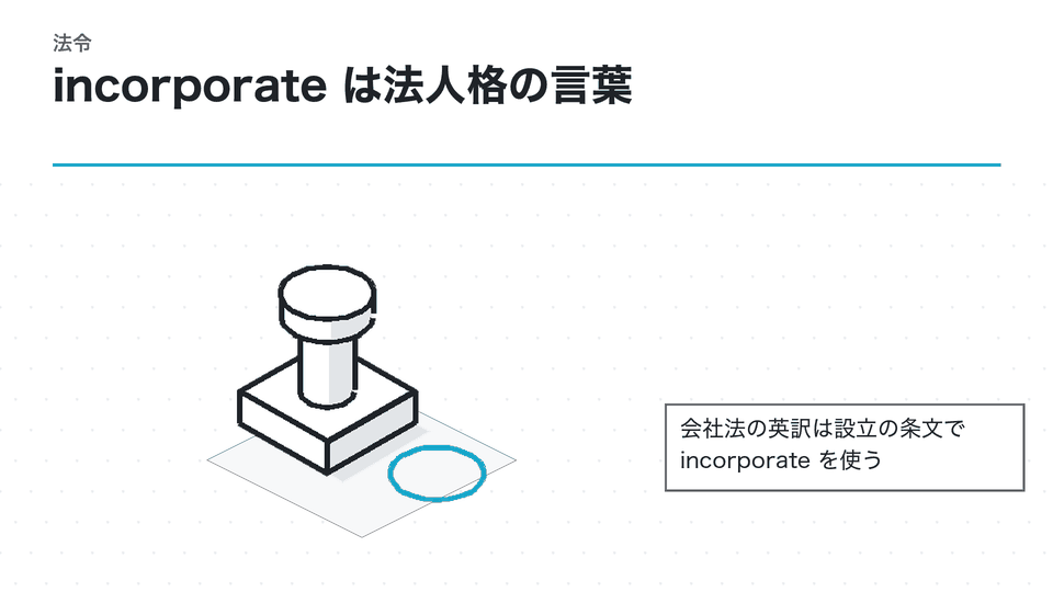 incorporate は法人格の言葉。会社法の英訳は設立の条文で incorporate を使う