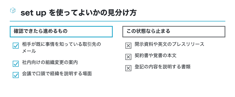 チェックリストの図：set up を使ってよいかの見分け方