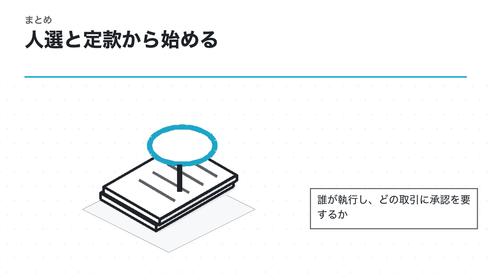 人選と定款から始める。誰が執行し、どの取引に承認を要するか