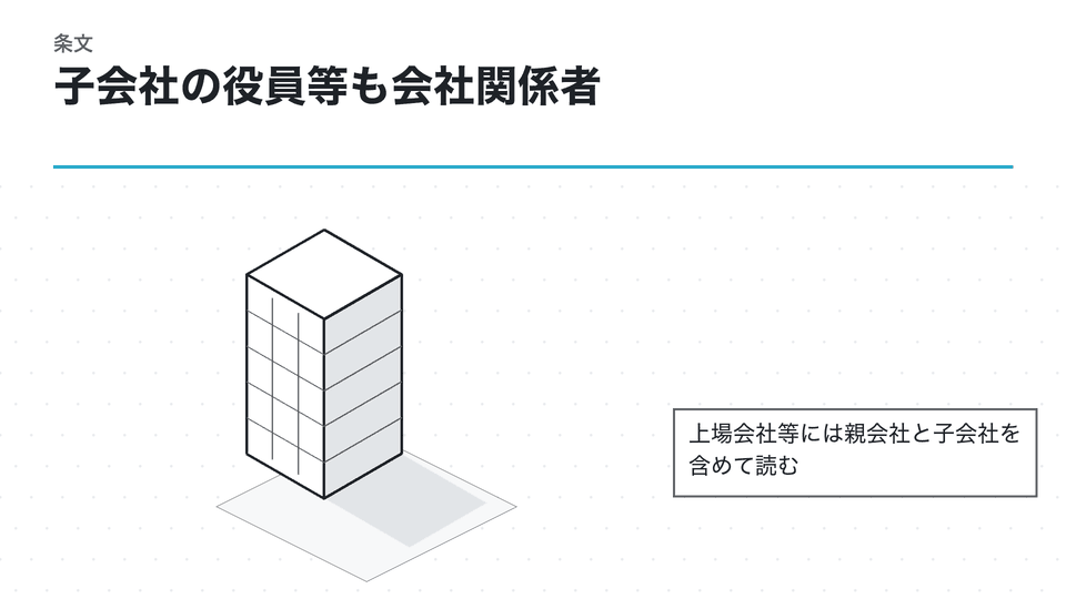 子会社の役員等も会社関係者。上場会社等には親会社と子会社を含めて読む