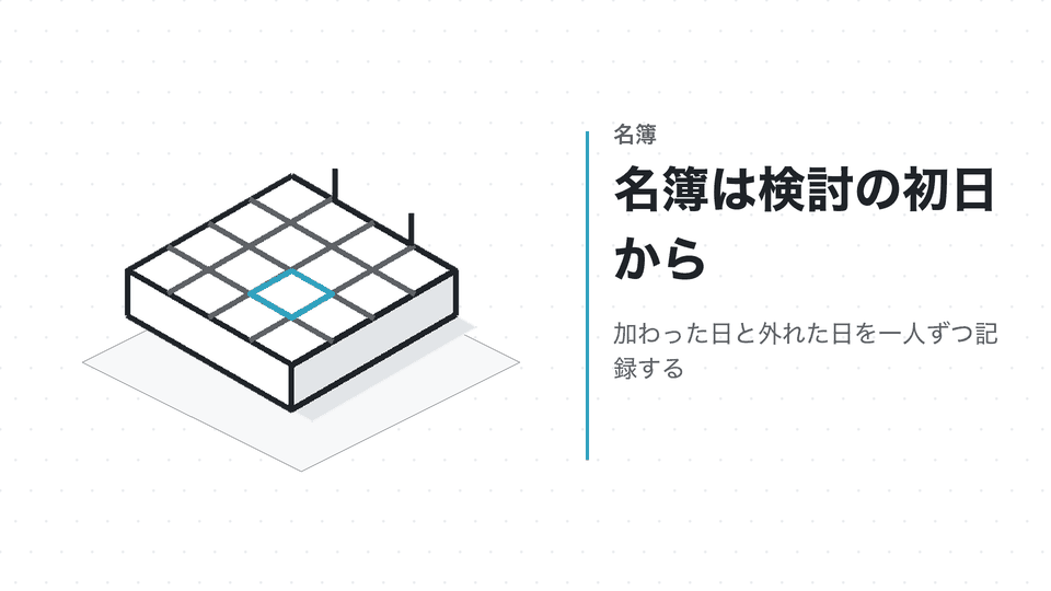 名簿は検討の初日から。加わった日と外れた日を一人ずつ記録する