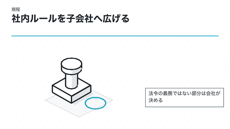 社内ルールを子会社へ広げる。法令の義務ではない部分は会社が決める