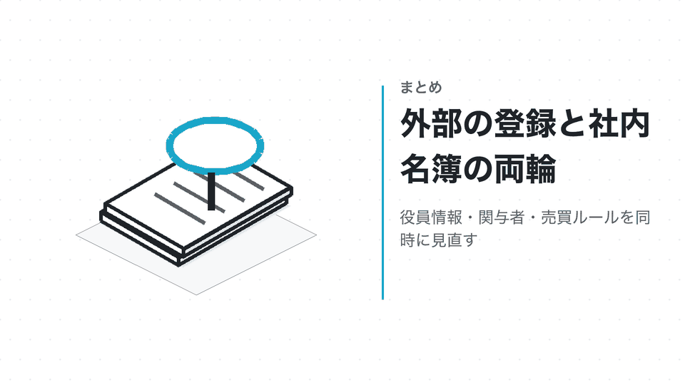 外部の登録と社内名簿の両輪。役員情報・関与者・売買ルールを同時に見直す