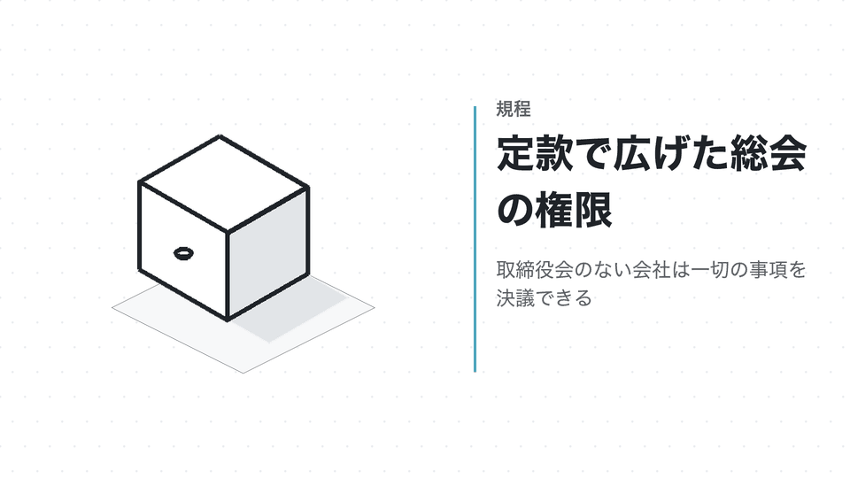 定款で広げた総会の権限。取締役会のない会社は一切の事項を決議できる