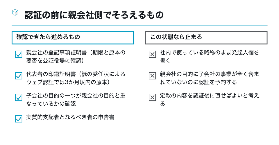 チェックリストの図：認証の前に親会社側でそろえるもの