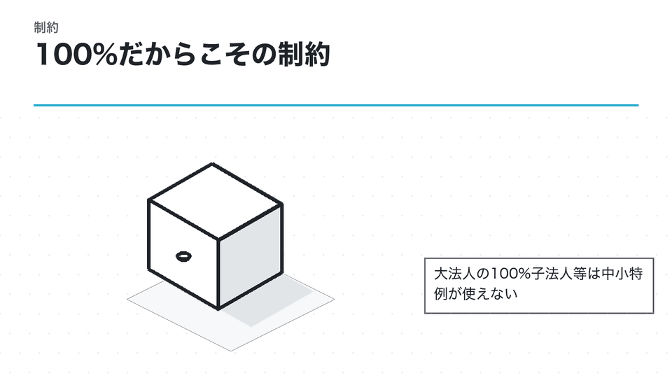100%だからこその制約。大法人の100%子法人等は中小特例が使えない