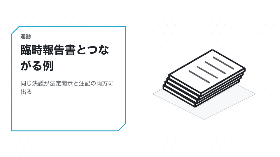 臨時報告書とつながる例。同じ決議が法定開示と注記の両方に出る