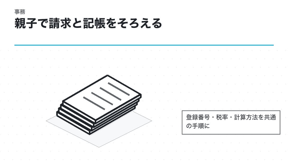 親子で請求と記帳をそろえる。登録番号・税率・計算方法を共通の手順に