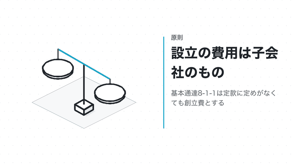 設立の費用は子会社のもの。基本通達8-1-1は定款に定めがなくても創立費とする