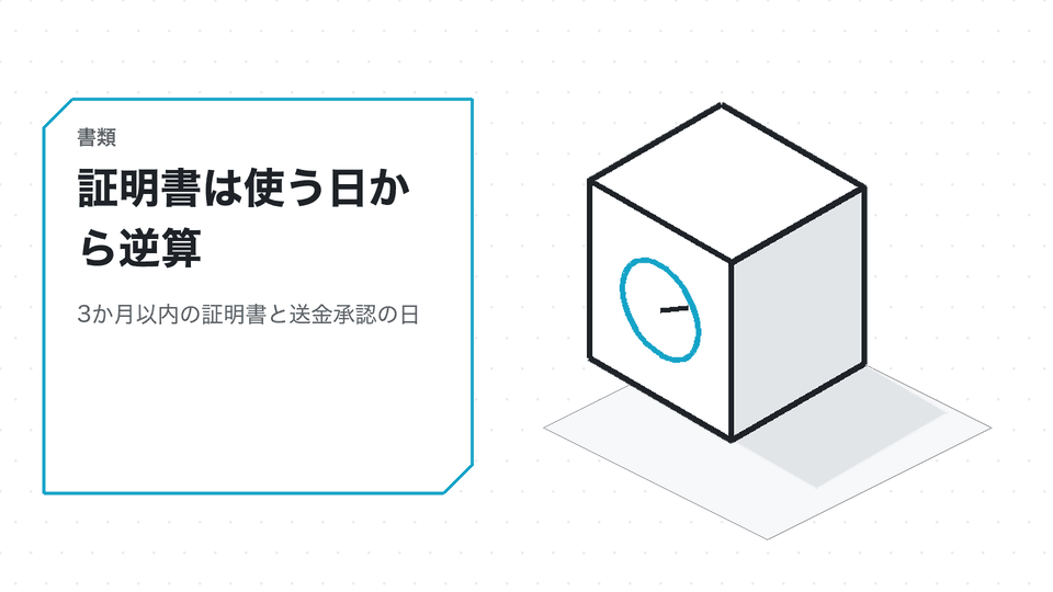 証明書は使う日から逆算。3か月以内の証明書と送金承認の日