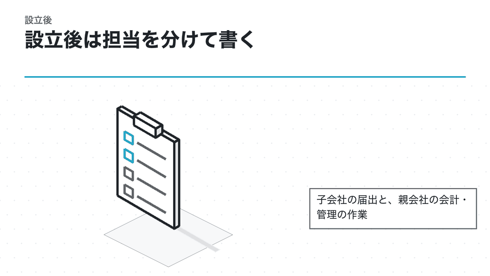 設立後は担当を分けて書く。子会社の届出と、親会社の会計・管理の作業