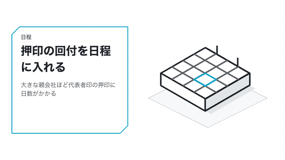 押印の回付を日程に入れる。大きな親会社ほど代表者印の押印に日数がかかる