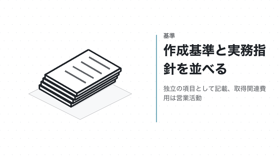 作成基準と実務指針を並べる。独立の項目として記載、取得関連費用は営業活動