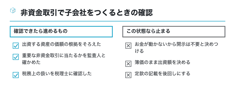 チェックリストの図:非資金取引で子会社をつくるときの確認