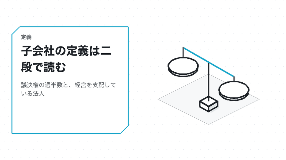 子会社の定義は二段で読む。議決権の過半数と、経営を支配している法人