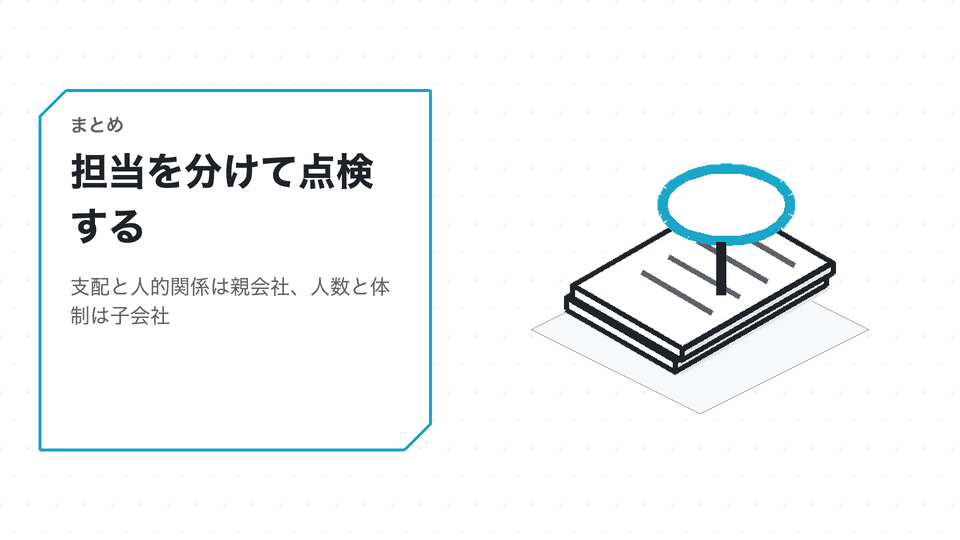 担当を分けて点検する。支配と人的関係は親会社、人数と体制は子会社