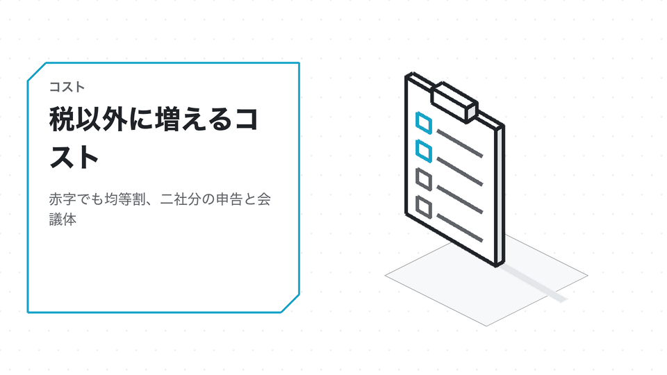 税以外に増えるコスト。赤字でも均等割、二社分の申告と会議体
